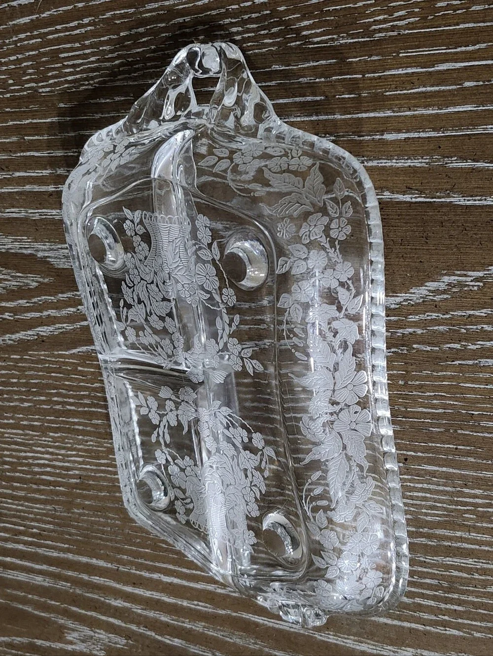 New Martinsville Meadow Wreath Relish Dish 3-Part Rectangular Etched Flower